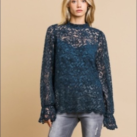 Teal Sheer Floral Lace Top - Picture 1 of 3